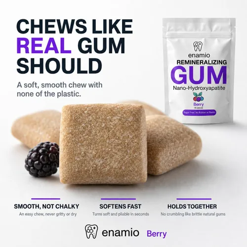 Vista 4 de Enamio Chicle Remineralizante de Bayas, Chicle de Xilitol Sin Azúcar con Nano Hidroxiapatita, Apoya el Aliento Fresco y la Salud Bucal, Base