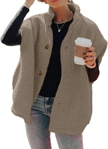 Vista 44 de Hongqizo - Chaleco de forro polar mullido para mujer, casual, de gran tamaño, cálido, con botones, chaqueta de sherpa con bolsillos