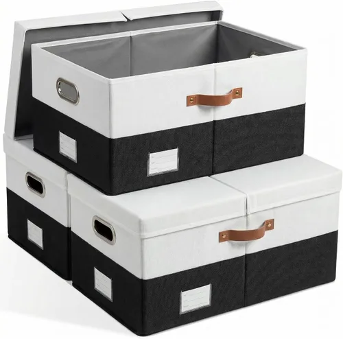 Vista 27 de PRANDOM Contenedores de almacenamiento con tapas [paquete de 3] cajas de almacenamiento plegables de tela de lino, canastas organizadoras, cubos
