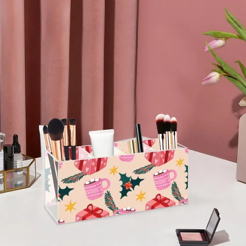 Vista 5 de Cute Christmas Mugs Acrylic Dorm Makeup Brush Holder With 4 Compartments Pen Desk Organizer Makeup Brush Storage Bow Desk Accessories Caddy Pen
