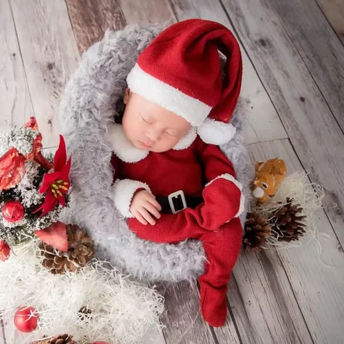 Vista 2 de ForBaysy Accesorios de Fotos de Navidad para Bebé Recién Nacido Traje de Sesión de Fotos para Niños y Niñas Disfraz Mono Rojo con Gorro de Navidad