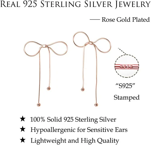 Vista 7 de Reffeer Solid 925 Sterling Silver Bow Drop Earrings Dangle for Women Teens Bowknot Dangle Earrings Studs