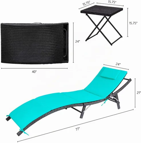 Vista 8 de Devoko Juego de tumbonas para patio al aire libre de ratán con respaldo ajustable, 3 piezas acolchadas para patio plegable con mesa plegable (azul)