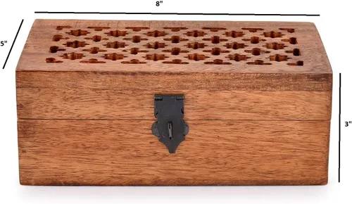 Vista 5 de Caja decorativa de madera de mango con tapa con bisagras, caja de almacenamiento de madera, decoración con tapas (8 x 5 x 3 pulgadas)