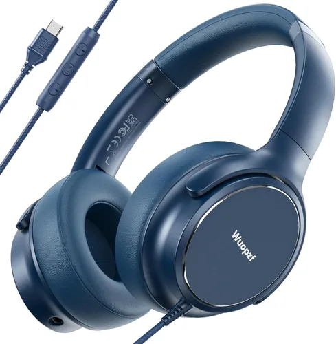 Vista 10 de Auriculares con cable USB C sobre la oreja con micrófono, control de volumen, puerto compartido y diadema ajustable, auriculares estéreo plegables