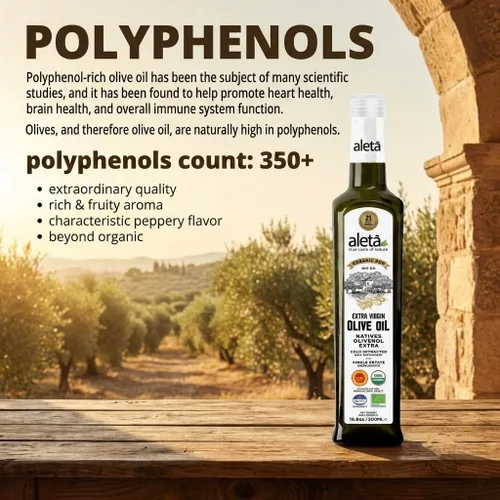 Vista 3 de Aleta Farms, Aceite de oliva virgen extra orgánico, DOP griego de una sola finca, primera prensa en frío, premio de oro 2025, botella de vidrio