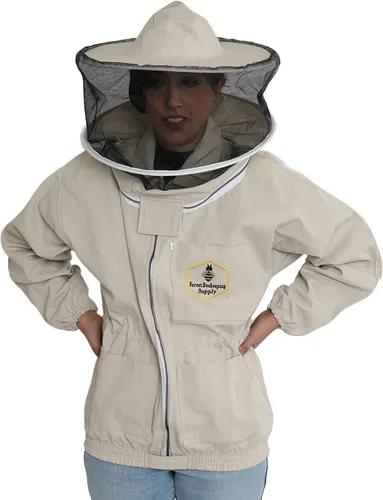 Vista 3 de Chaqueta de apicultura con velo redondo y guantes, chaqueta de abeja de lona natural con cremalleras de latón YKK duraderas para apicultores