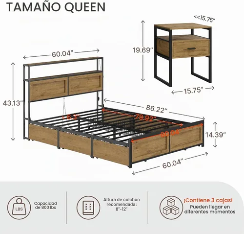 Vista 2 de KISLOT Juego de dormitorio de 3 piezas con almacenamiento, marco de cama con luces LED, marco de cama de metal industrial con estación de carga, 6