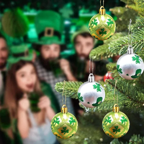 Vista 5 de Iceyyyy 12 adornos de bola colgante de San Patricio, adorno de bola envuelta de tela de 2 pulgadas, bola de trébol de buena suerte y bola