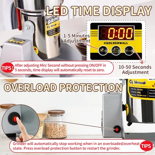 Vista 4 de CGOLDENWALL Molinillo de grano con pantalla LED, molino eléctrico de alta velocidad de 1800 W, molino de especias eléctrico de alta velocidad