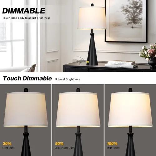Vista 3 de Rinweey 28" Black Touch Table Lamp with USB A+C Ports, 3-Way Dimmable Bedroom Lamp for Night Stand, Tall Modern Touch Lamp for Living Room End