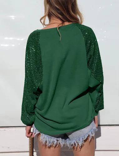 Vista 2 de ALLTB Blusas de manga larga con lentejuelas brillantes para mujer, sudadera con purpurina brillante, para fiesta, cuello redondo, ajuste holgado