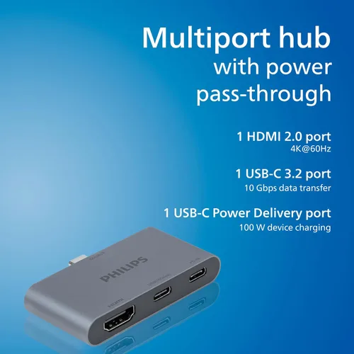 Vista 2 de Philips Concentrador multipuerto USB-C, con pantalla HDMI 4K, 10bps y 2 puertos de datos USB-A de 5 Gbps, entrega de energía de 100 vatios, conector