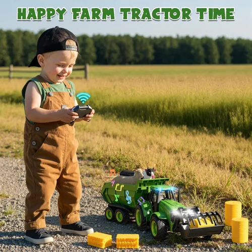 Vista 5 de Funwee Juego de juguete de tractor de granja RC con cargador, remolque y Verde brillante