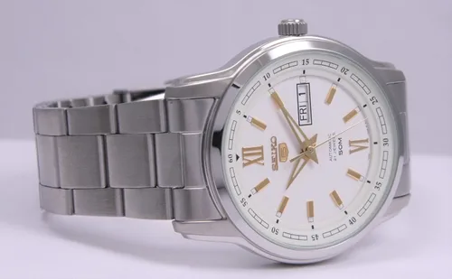 Vista 4 de Seiko 5 SNKP15 K1 - Reloj analógico automático para hombre color plateado y blanco