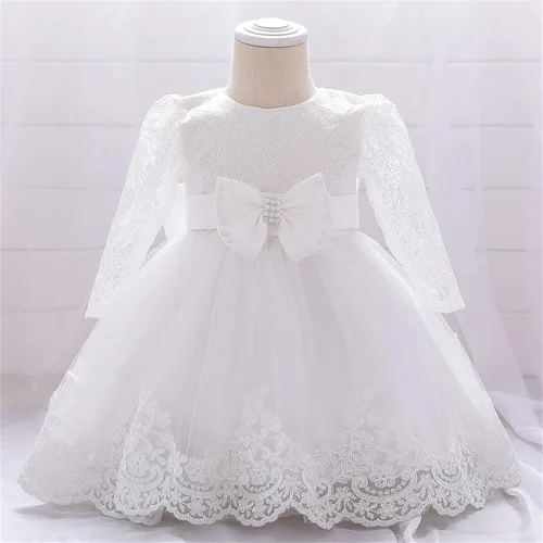 Vista 2 de Vestidos con vuelo para niñas y bebés con volantes de manga larga de encaje con lazo, vestidos de flores para desfiles, fiestas, bodas