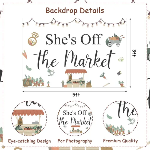 Vista 4 de Decoraciones de despedida de soltera con texto en inglés "She's Fresh Off The Market", telón de fondo de despedida de soltera para mujer, decoración