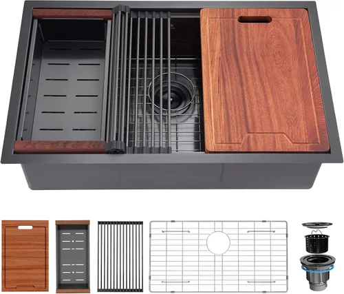 Vista 9 de Fregadero de cocina con estación de trabajo de montaje inferior de 27 pulgadas, fregadero de cocina de acero inoxidable calibre 16 con revestimiento
