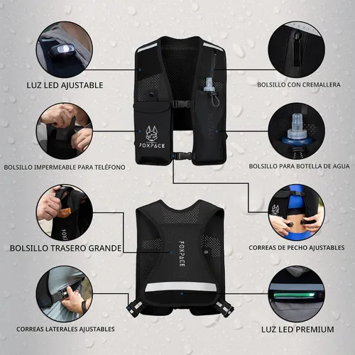Vista 6 de Chaleco para correr para mujeres y hombres – Chaleco de hidratación – Mochila ajustable transpirable para senderismo maratón – Bolsillo impermeable