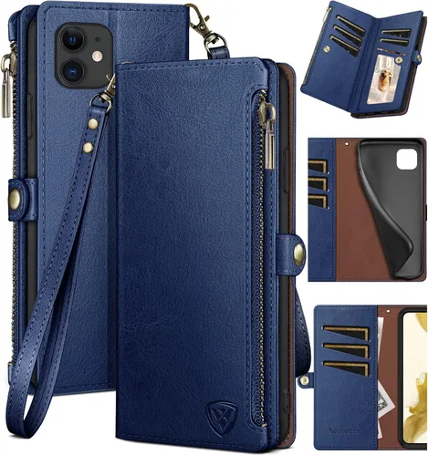 Vista 14 de XcaseBar Funda tipo cartera compatible con iPhone 12/12 Pro de 6.1 pulgadas con cremallera y tarjetero de crédito, bloqueo RFID, funda de piel Negro