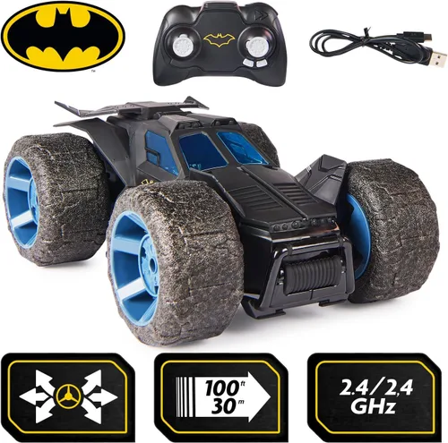 Vista 7 de DC Comics, Batman Stunt Force Batmobile, auto de control remoto para interiores, Turbo Boost y trucos locos, juguetes coleccionables de superhéroes
