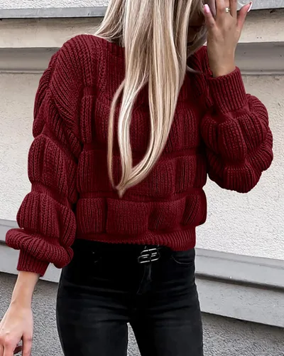 Vista 3 de PRETTYGARDEN Suéteres de otoño 2024 para mujer, estilo casual, cuello redondo, manga larga, holgados, lisos, de punto grueso, linda blusa