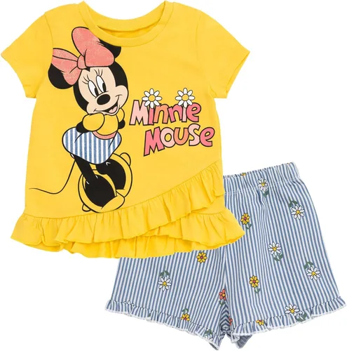 Vista 72 de Disney Minnie Mouse - Conjunto de camiseta floral arcoíris y pantalones cortos de cambray, tallas de bebé a niño grande (12 meses - 14-16)