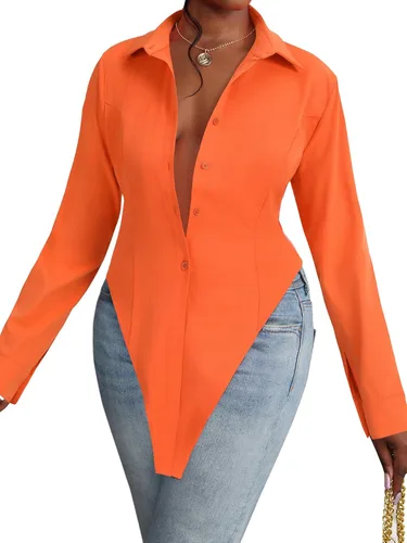 Vista 8 de OPOIPIN Blusa de manga larga con cuello en V para mujer, con botones, dobladillo con abertura