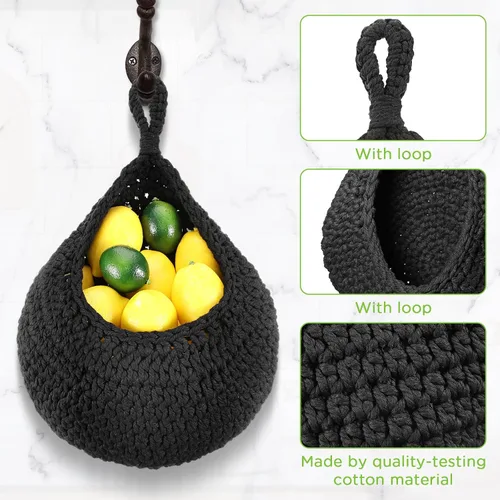 Vista 4 de Dandat Cestas de frutas colgantes grandes para cocina, diseño de lágrima, cestas de pared, soporte bohemio tejido a mano para cocina, verduras