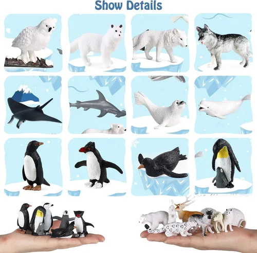 Vista 2 de RCOMG 26 figuras de animales árticos, figuras realistas de animales polares con oso polar, caribú, pingüino y lobo ártico, ideal para huevos