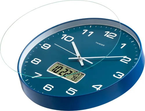 Vista 4 de Reloj de pared TIMESS, de 14" de gran dial, silencioso, sin tictac, funciona con pilas, analógico con pantalla LCD para calendario perpetuo y Azul