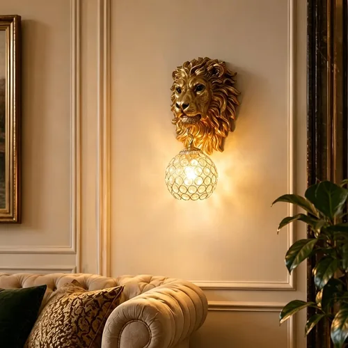 Vista 12 de Apliques de decoración de pared con cabeza de león, apliques de cristal barroco retro, lámparas de pared de lujo doradas para sala de estar
