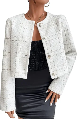 Vista 4 de SweatyRocks Chaqueta corta de manga larga a cuadros con cuello redondo y botones para mujer