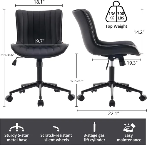 Vista 2 de Kidol & Shellder Silla de escritorio de oficina con ruedas, moderna silla giratoria de cuero sin brazos con respaldo acolchado cómodo, ergonómico