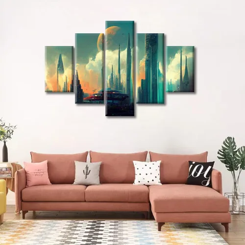 Vista 72 de Cuadros de 5 paneles de Cyberpunk City, arte de pared, representación de vallas publicitarias, edificios modernos en la capital con obras de arte