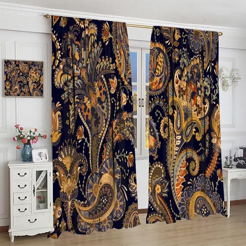 Vista 152 de Cortinas opacas con estampado de flores de cachemira, estampado de cachemira sobre fondo blanco, para decoración del hogar, cocina, restaurante