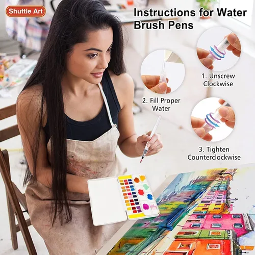 Vista 9 de Shuttle Art - Juego de pintura de acuarela de 48 colores en medias bandejas con 2 bolígrafos de pincel de agua, 10 pinceles de pintura, 1