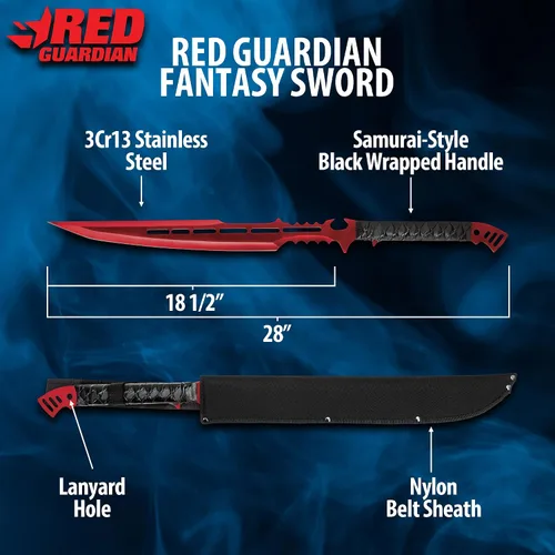 Vista 2 de Espada de fantasía Red Guardian, hoja roja de 18.5 pulgadas con acabado galvanizado, espada de cosplay genial con funda de cinturón de nailon, mango