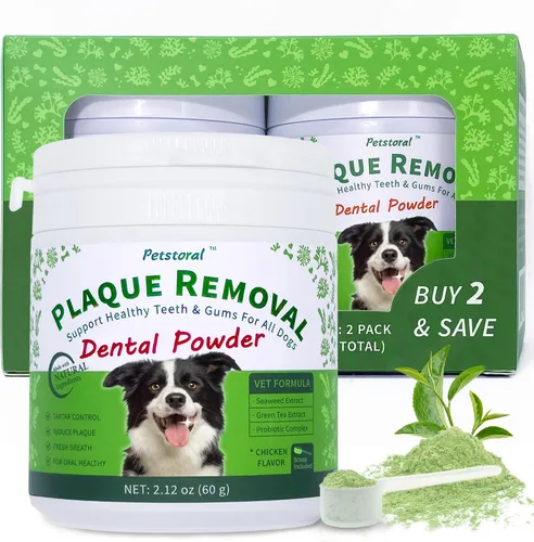 Vista 9 de Petstoral Polvo dental natural para perros, cuidado dental para perros, removedor de placa y tratamiento para el mal aliento, encías saludables
