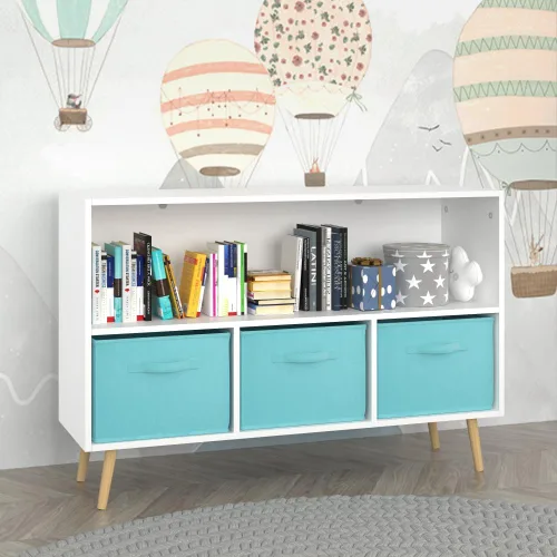 Vista 9 de Estantería infantil con 3 cajones de tela plegables, organizador de almacenamiento de juguetes con múltiples estantes para niñas y niños, habitación