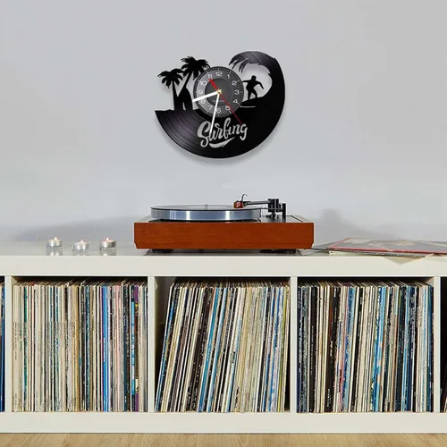 Vista 3 de Reloj de pared de disco de vinilo de 12 pulgadas, hecho de corte láser, tabla de surf, palma de coco, verano, deportes marinos, reloj de pared