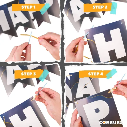 Vista 8 de CORRURE Cartel de feliz cumpleaños – Pancartas azules preencordadas con lámina dorada – Bandera grande para fiestas para mujeres, hombres, niñas