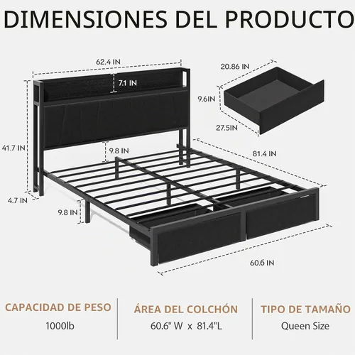 Vista 2 de CIKUNASI Base de cama tamaño Queen con cabecero y cajones de almacenamiento, base de cama con estación de carga de almacenamiento, marco de cama