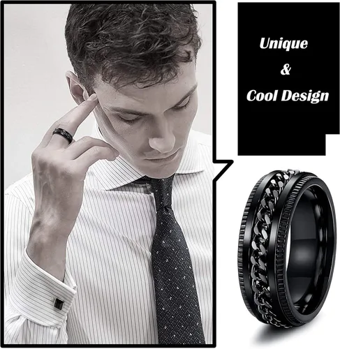 Vista 6 de HUXICUI 4-Pcs Wedding Band Ring Set for Men Womens Fidget Spinner Rings for Anxiety Stress Relief Black Engagement Ring Set