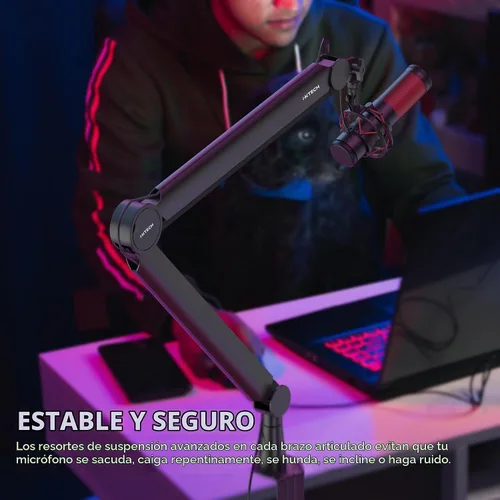 Vista 4 de Brazo de micrófono premium con soporte de escritorio, giratorio de 360°, totalmente ajustable, para podcast, video, juegos, radio, estudio
