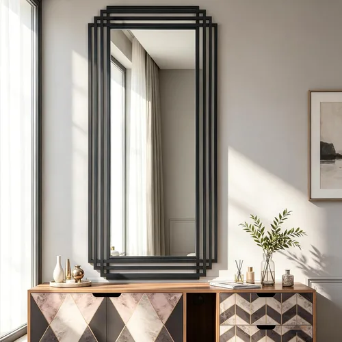 Vista 14 de Espejo de pared rectangular decorativo de 24 x 18 pulgadas con marco de metal negro Geometric Design, HD Mirror, Horizontal/Vertical Hanging, Art