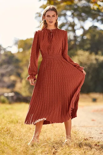 Vista 7 de PRETTYGARDEN Vestido midi de otoño 2024 para mujer, casual, manga larga, cuello en V, lunares suizos, plisado, acampanado, vestidos fluidos