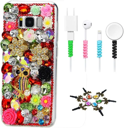 Vista 22 de Sparkle Funda compatible con Samsung Galaxy J2 Prime – Elegante funda 3D hecha a mano con diseño floral de búho nocturno con protector de cable