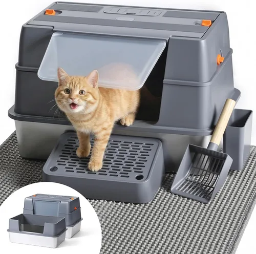 Vista 9 de Caja de arena cerrada de acero inoxidable para gatos con tapa y alfombra, caja de arena extra grande para gatos con cajón, caja de metal para gatos