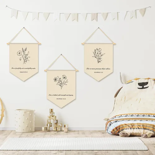 Vista 4 de VitalCozy 3 piezas de versículo bíblico de las Escrituras cristianas, decoración botánica cristiana, banderín colgante, banderín, bandera de pared